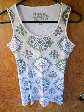 Self Esteem White Tank Top with Green and Gray Medallion Print